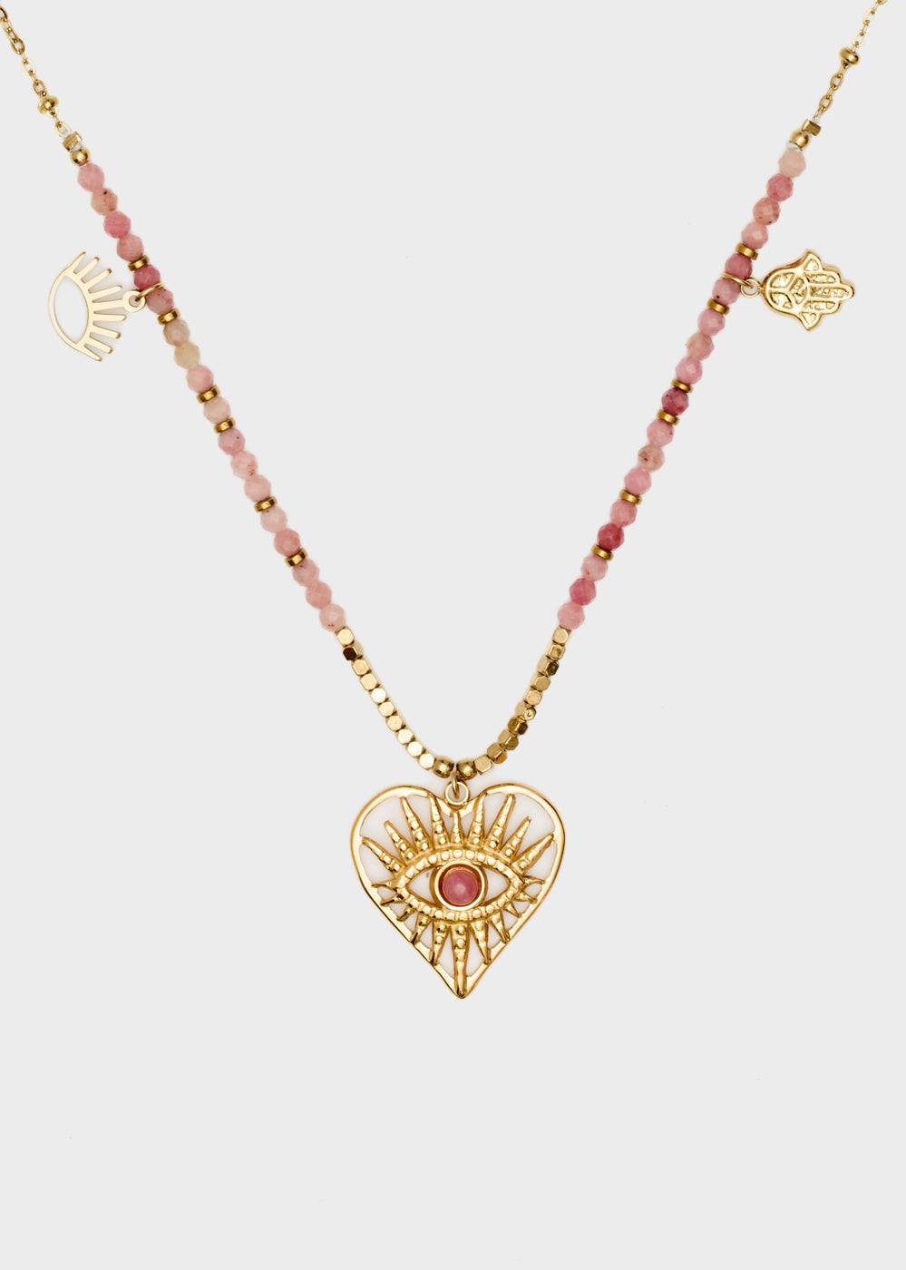 Nalí S.STEEL NECKLACE W/ NAT.STONE+PINK HEART Outlet