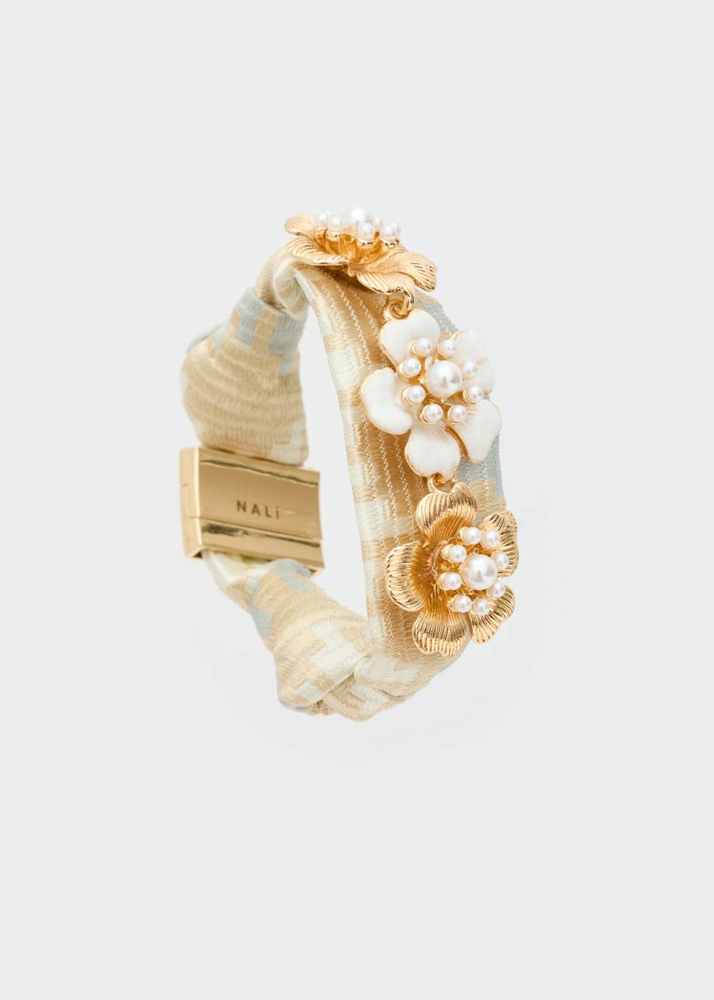 Nalí FABRIC BRACELET W/ GOLD + WHITE FLOWERS Soddisfazione Garantita