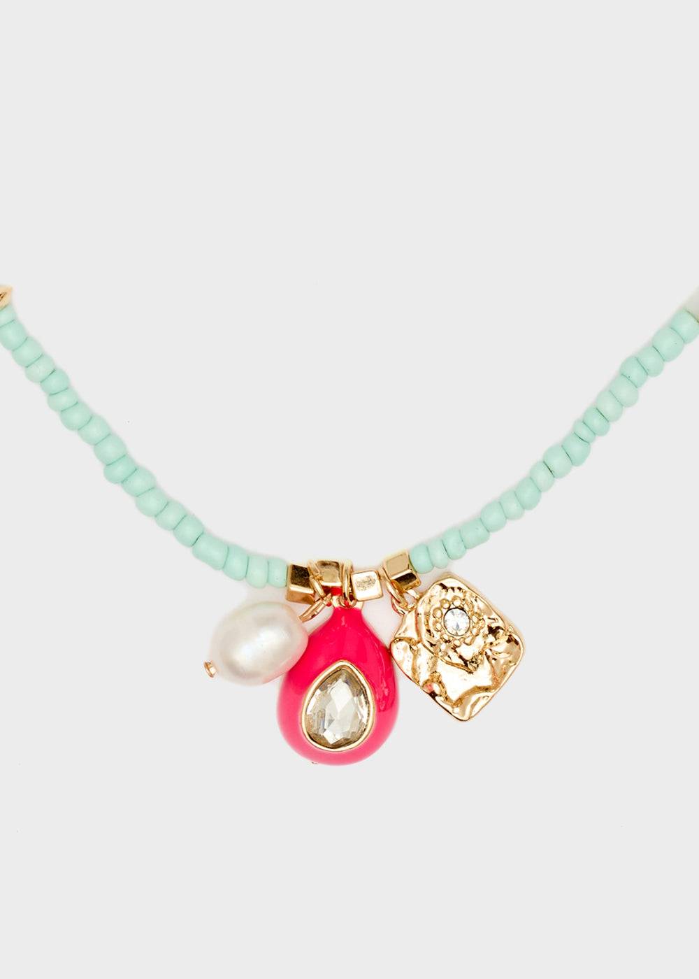 Nalí NECKLACE W/ L.BLUE BEADS+FUCHSIA PENDANT Nuova