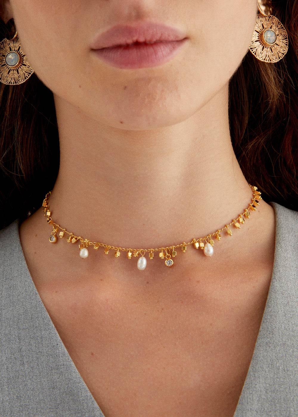 Nalí GOLD NECKLACE W/ ZIRCONS AND PEARLS Offerta speciale