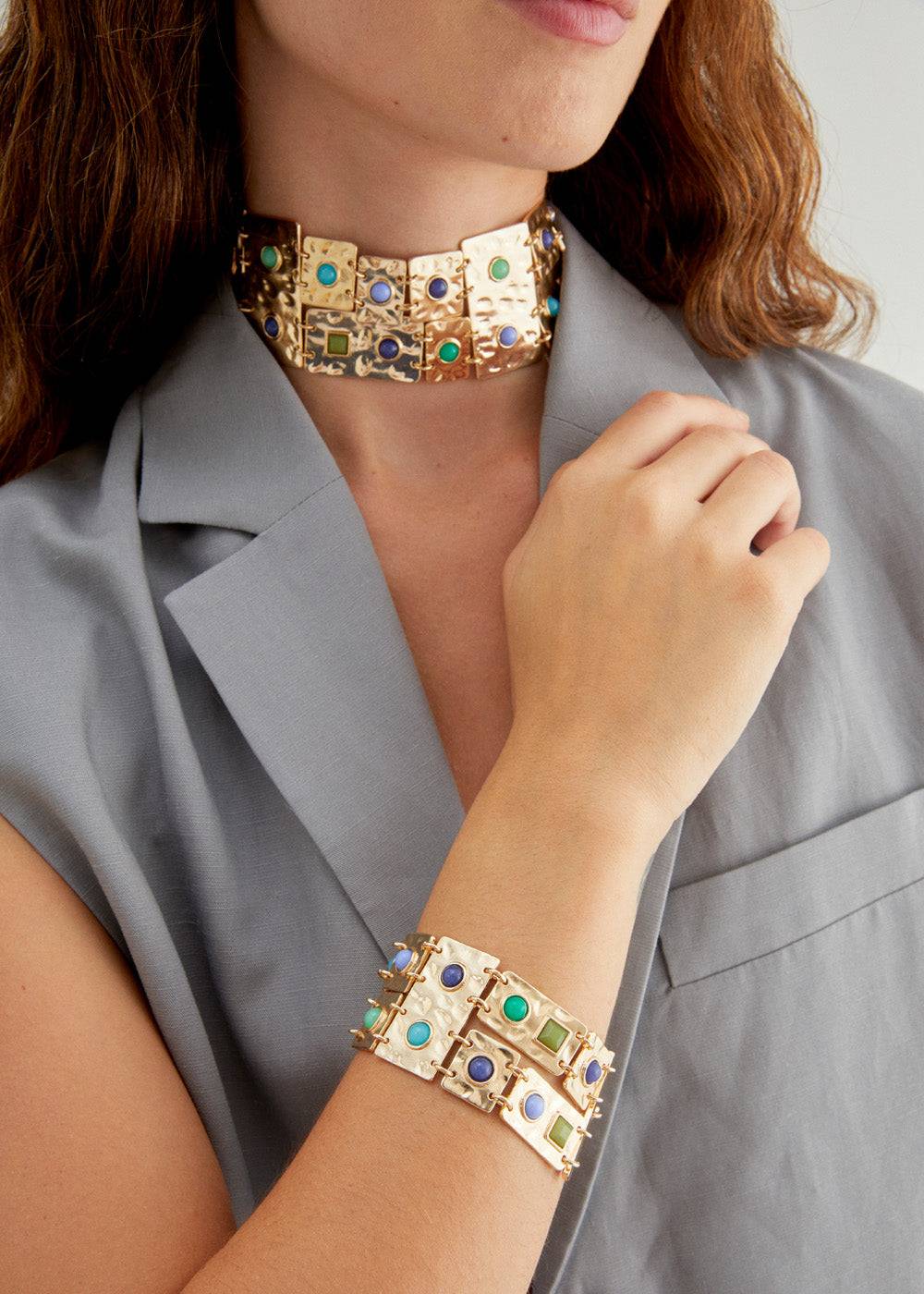 Nalí BANGLE BRACELET W/ GREEN AND BLUE STONES Liquidazione
