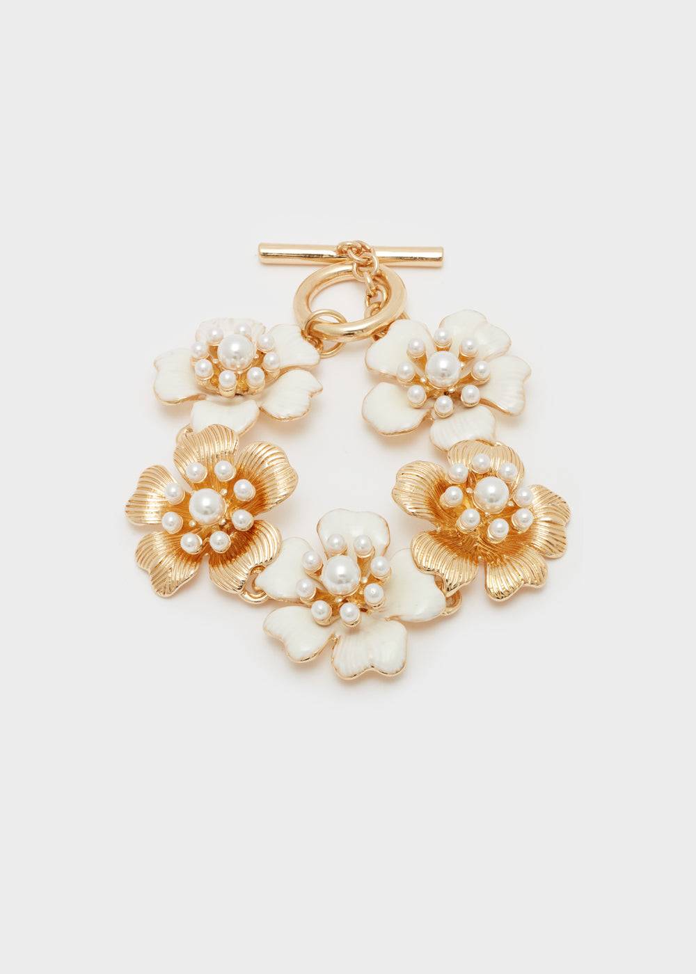 Nalí ENAMEL FLOWER BRACELET IN GOLD W/ PEARLS Enormi risparmi