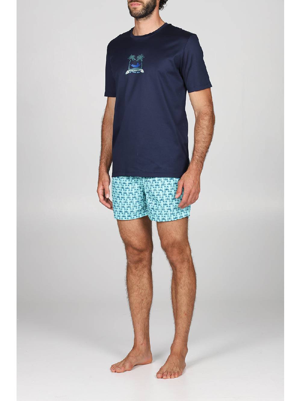 Julipet T-shirt in jersey di puro cotone blu, con stampa piazzata "palme" Promozione Limitata
