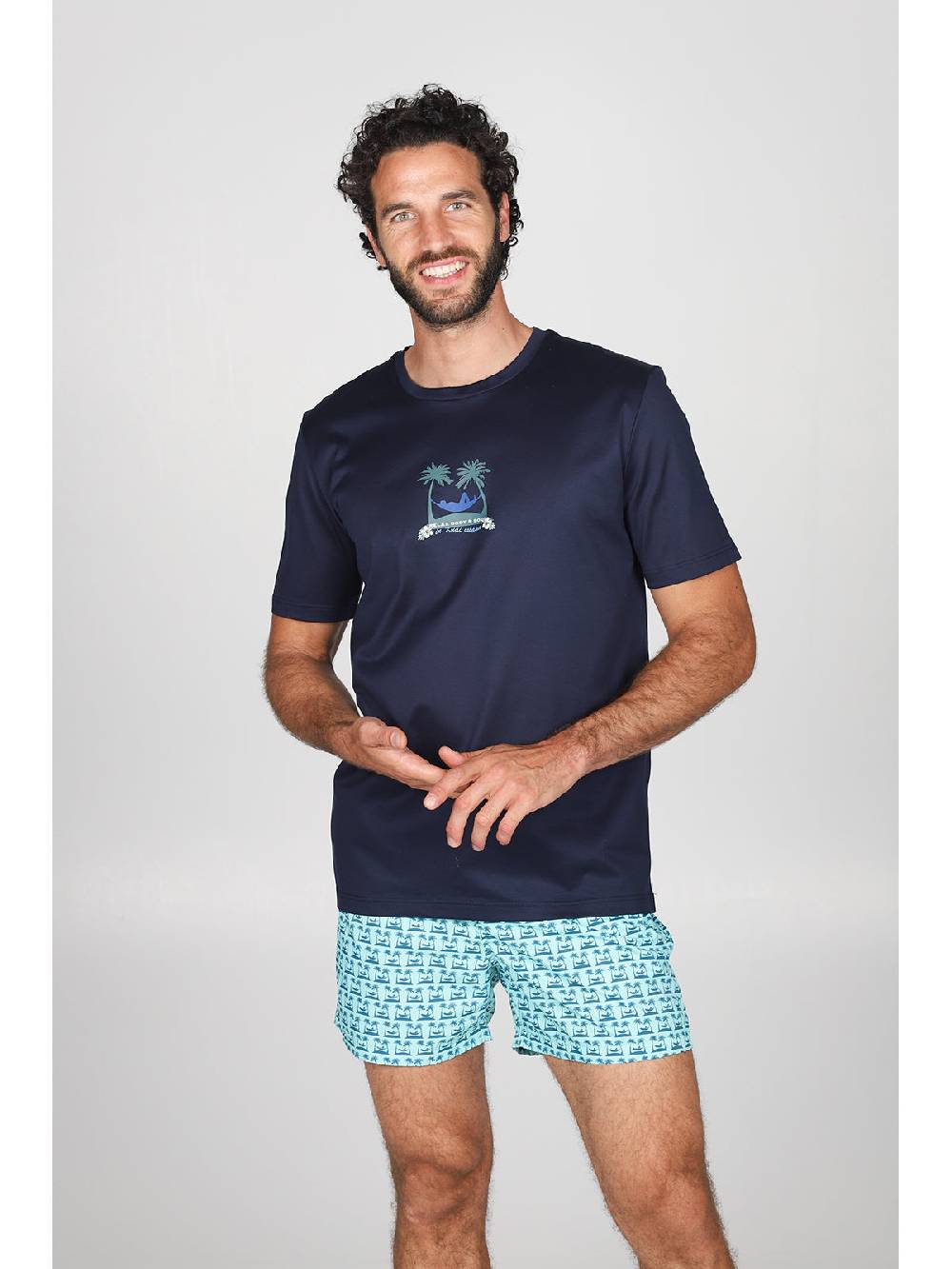 Julipet T-shirt in jersey di puro cotone blu, con stampa piazzata "palme" Promozione Limitata