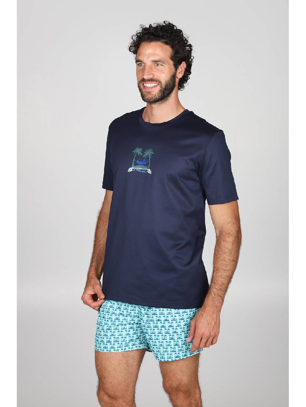 Julipet T-shirt in jersey di puro cotone blu, con stampa piazzata "palme" Promozione Limitata