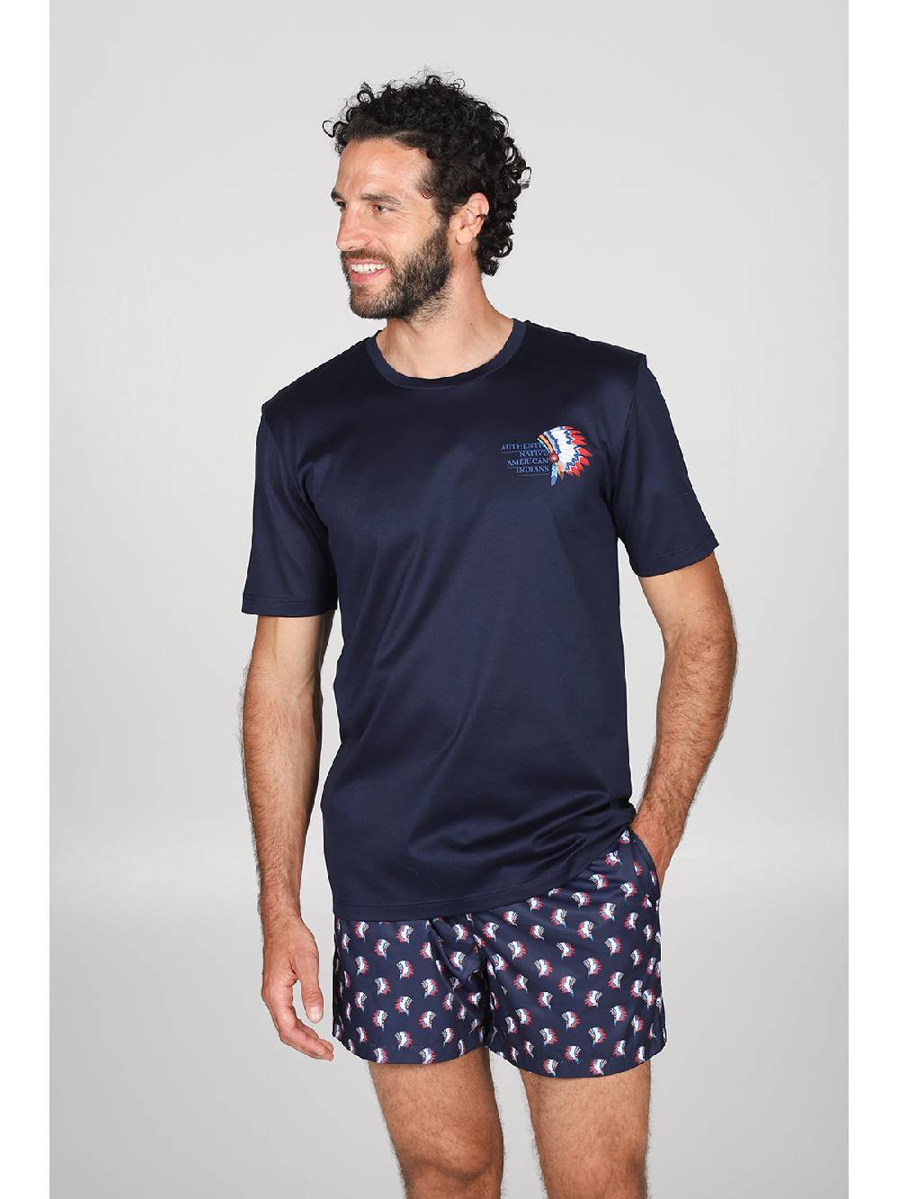 Julipet T-shirt in jersey di puro cotone blu, con stampa piazzata "indiano" Fino Al -60%