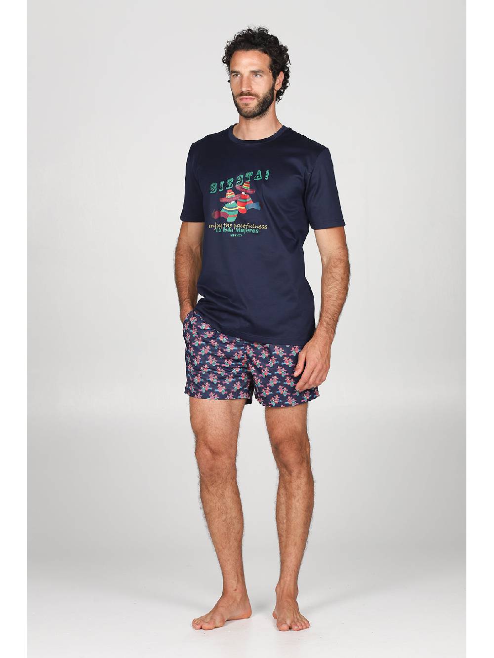 Julipet T-shirt in jersey di puro cotone blu, con stampa piazzata "siesta" Shopping Online