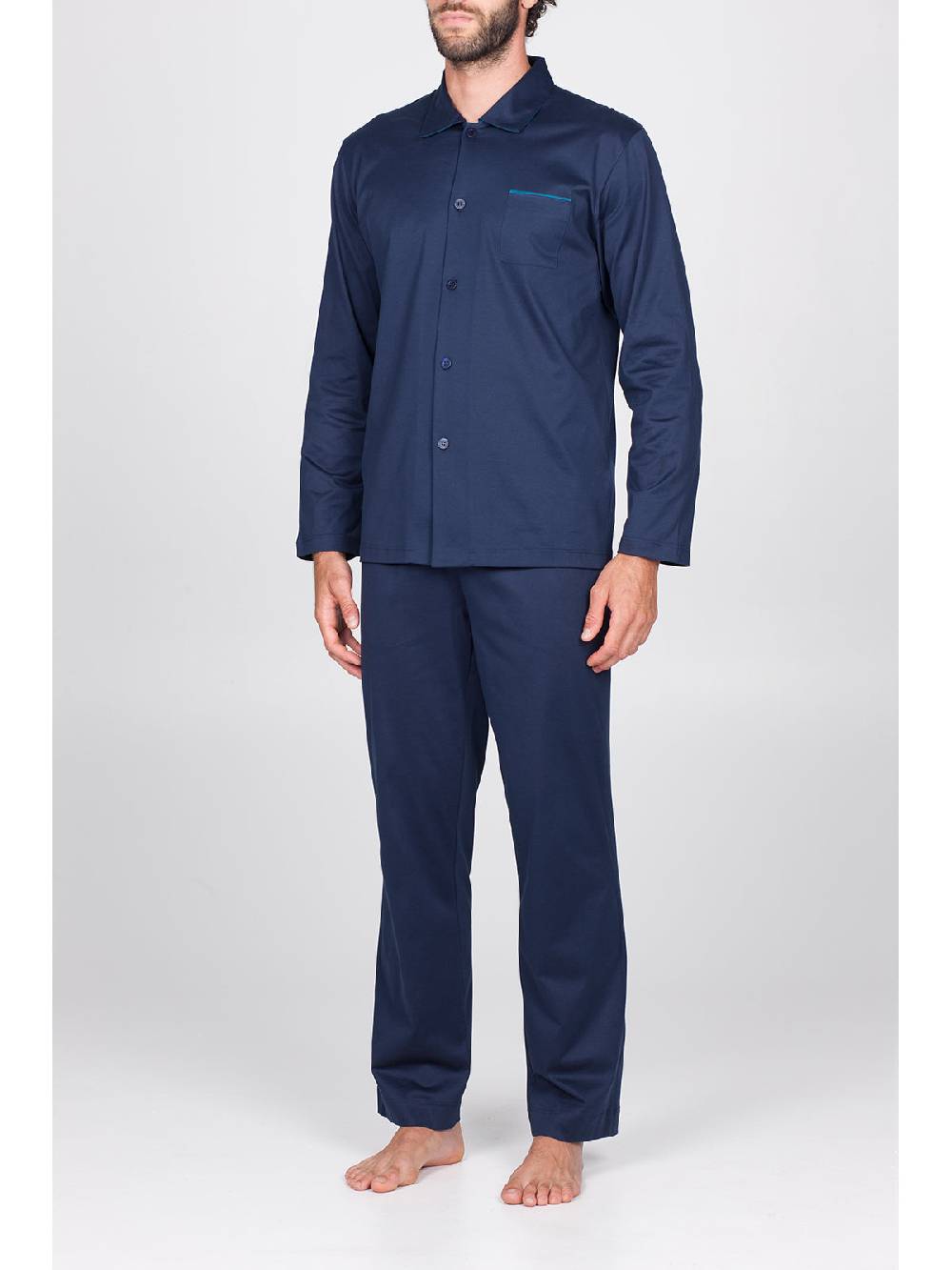 Julipet Pigiama aperto in setoso puro cotone mercerizzato blu, con colletto camicia Nuova