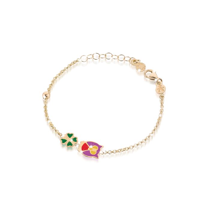 Le Bebé Bracciale Fortuna con civetta e quadrifoglio in oro giallo
