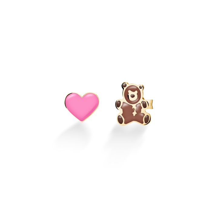 Le Bebé Orecchini Toys con cuore e orsetto in oro giallo