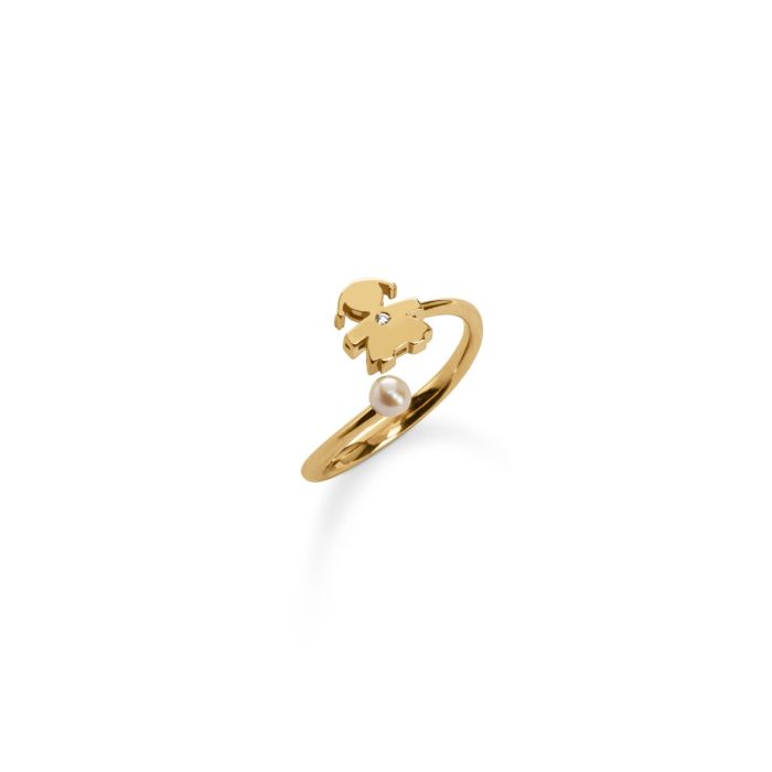 Le Bebé Anello Le Perle con sagoma bimba, perla in oro giallo e diamante