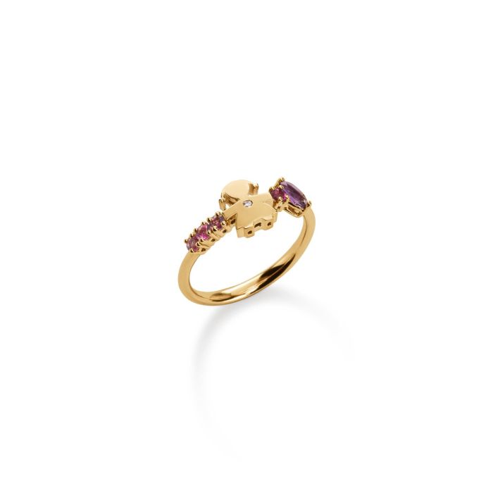 Le Bebé Anello Les Bonbons con sagoma bimba, in oro giallo con ametista, tormaline e diamante