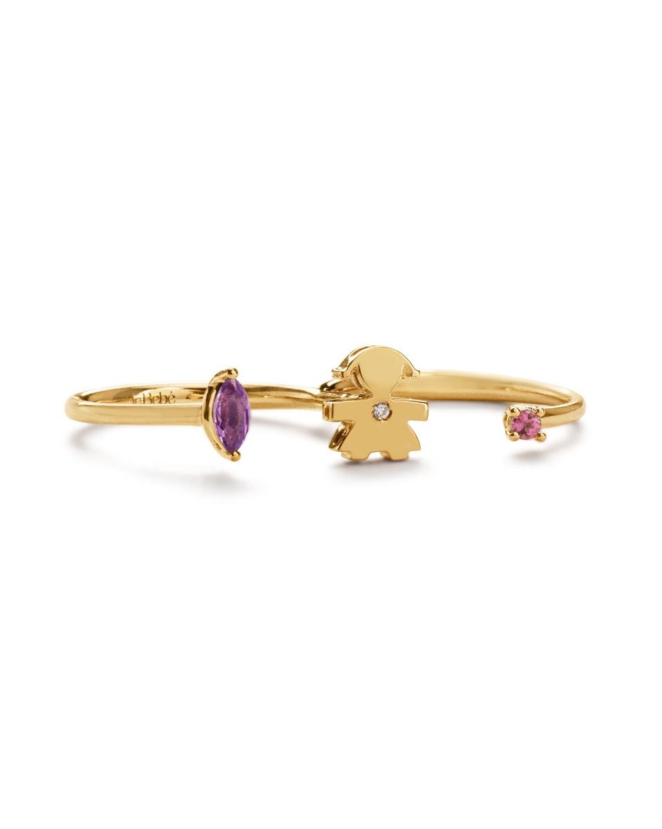 Le Bebé Anello due dita Les Bonbons con sagoma bimba, in oro giallo con ametista, tormalina e diamante In Linea