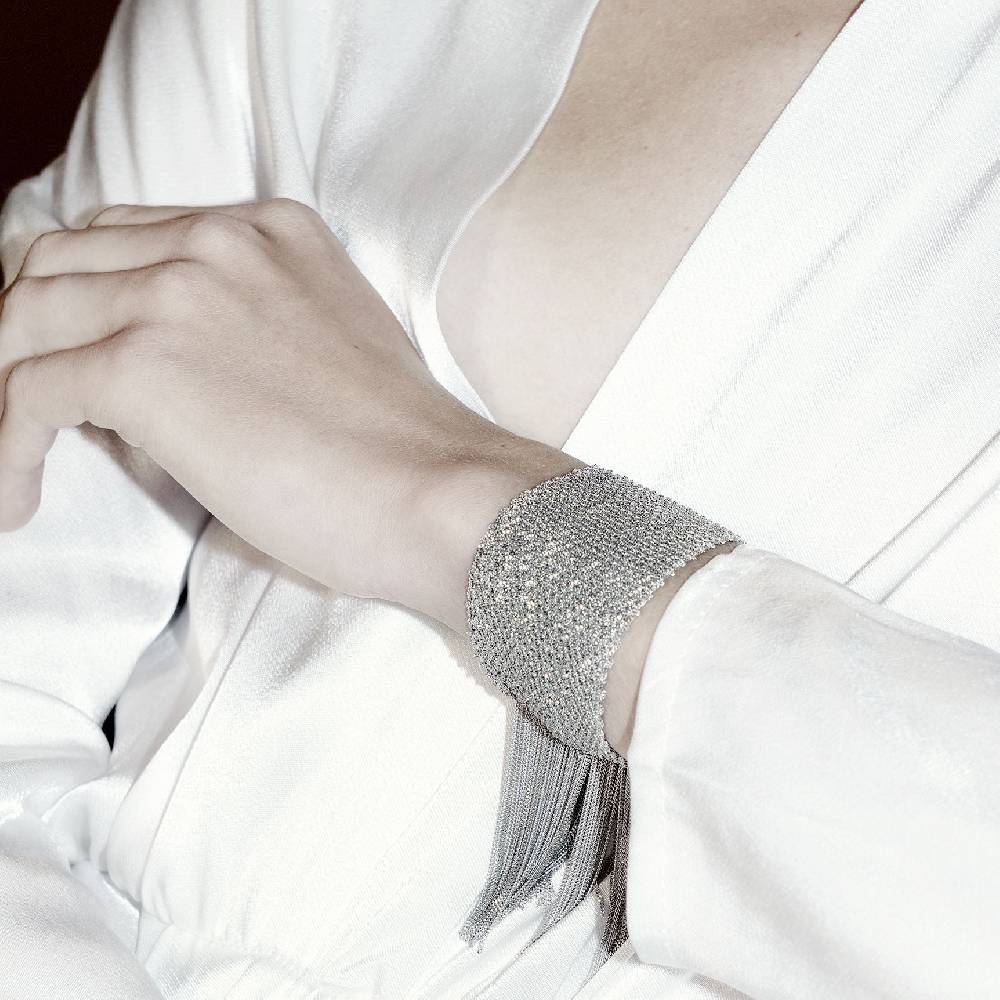 Paola Grande Gioielli SCIARPE Bracciale in maglia d'argento con frange Promozione