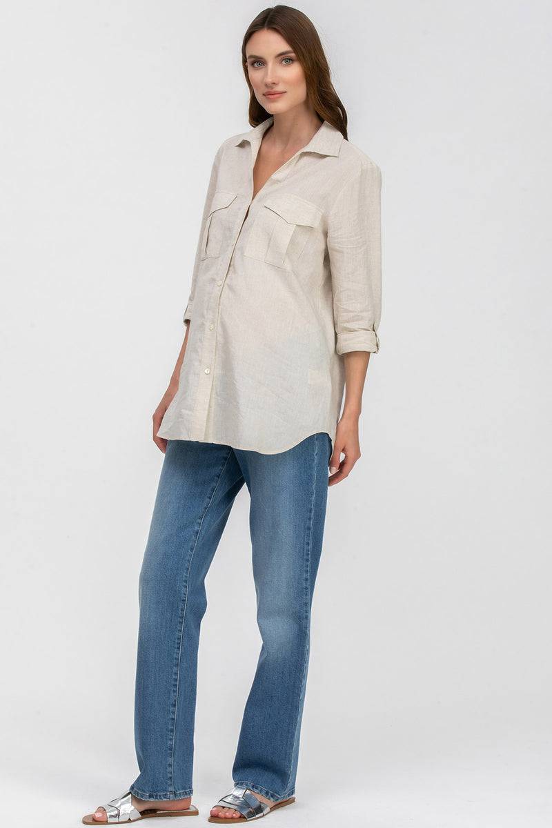 Pietro Brunelli SAFARI POCKET | Camicia Utility Premaman in Lino Beige 2025