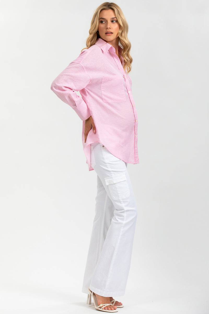 Pietro Brunelli SOPHIA POCKET | Camicia Premaman Oversize con Tasche Frontali in Lino Rosa Pezzi Unici