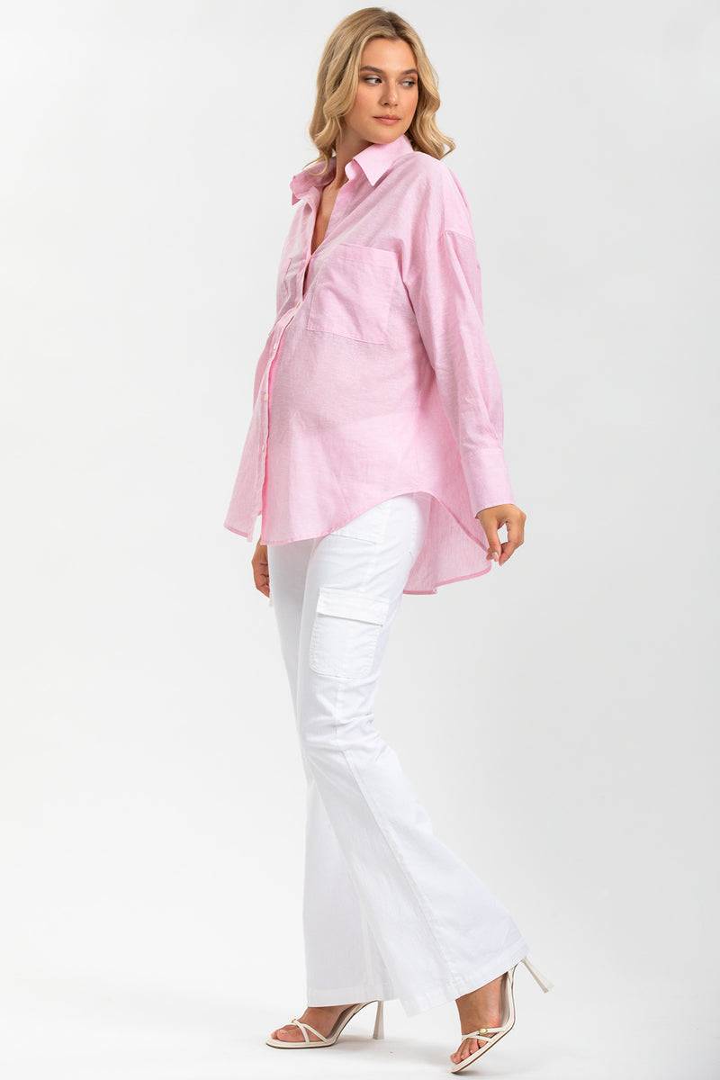 Pietro Brunelli SOPHIA POCKET | Camicia Premaman Oversize con Tasche Frontali in Lino Rosa Pezzi Unici