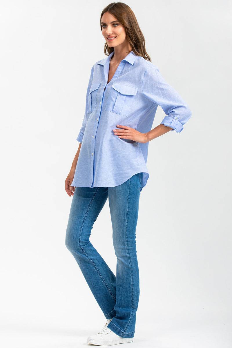 Pietro Brunelli SAFARI POCKET | Camicia Utility Premaman in Lino Blu Italia