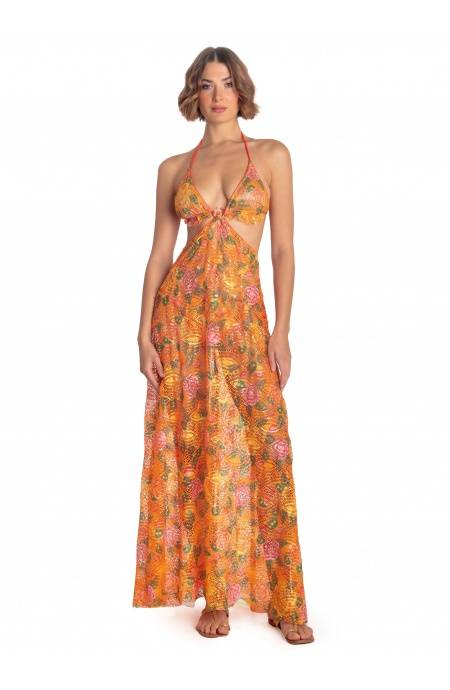 Pin Up Stars ABITO PAREO LUNGO PIZZO MACRAMÉ STAMPA FLOWER BIRD In Linea