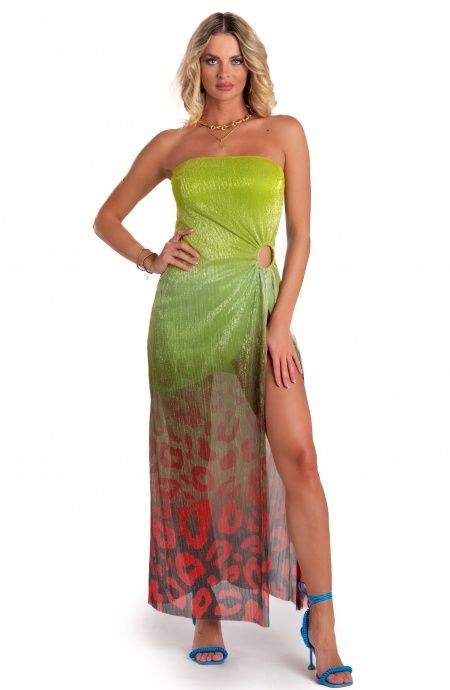 Pin Up Stars Abito Lungo Off-Shoulders Con Anella Crepon Lamè Stampa Macula Degradé In Linea
