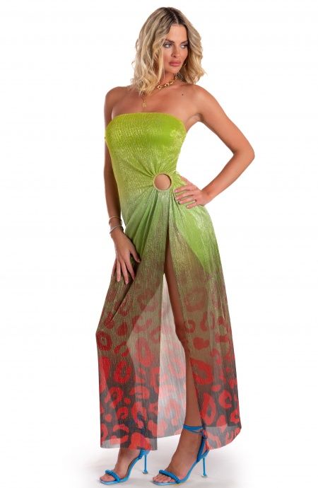 Pin Up Stars Abito Lungo Off-Shoulders Con Anella Crepon Lamè Stampa Macula Degradé In Linea