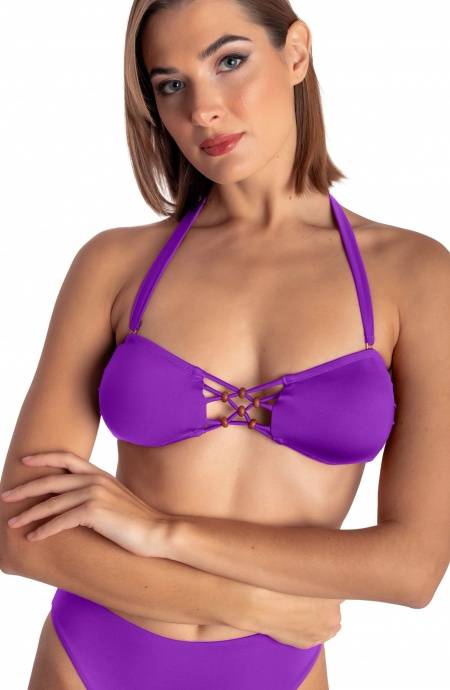 Pin Up Stars TOP BIKINI FASCIA IMBOTTITA CON INTRECCIO E PERLE TINTA UNITA Nuova