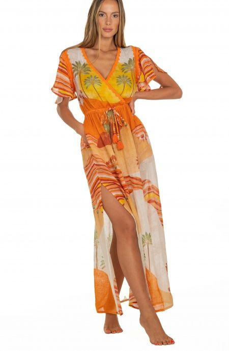 Pin Up Stars Long Dress Scollo a V In Garza Stampa Dune Italy