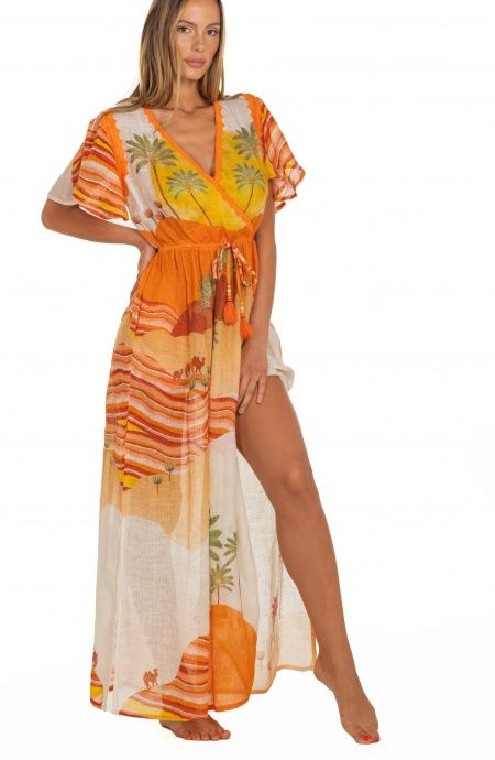 Pin Up Stars Long Dress Scollo a V In Garza Stampa Dune Italy