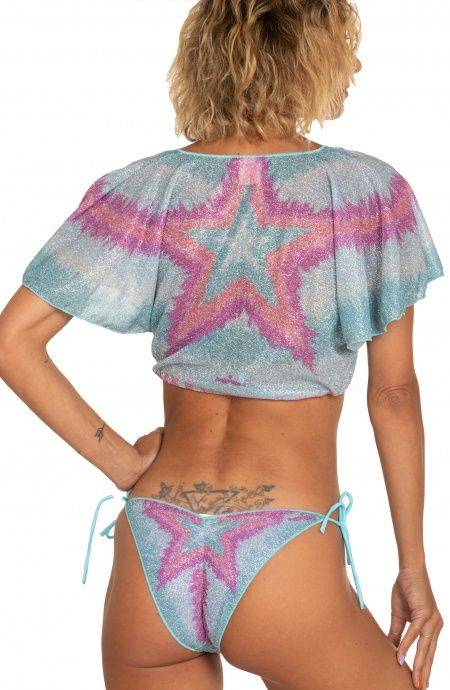Pin Up Stars Crop Top Aperto Scollo A V Lurex Stampa Stella Sfumata Nuova