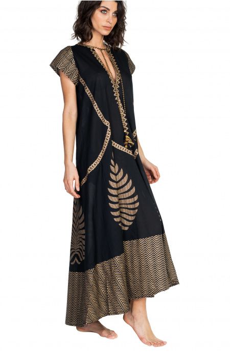 Pin Up Stars Long Dress In Cotone Foglia Oro Spedizione Gratuita