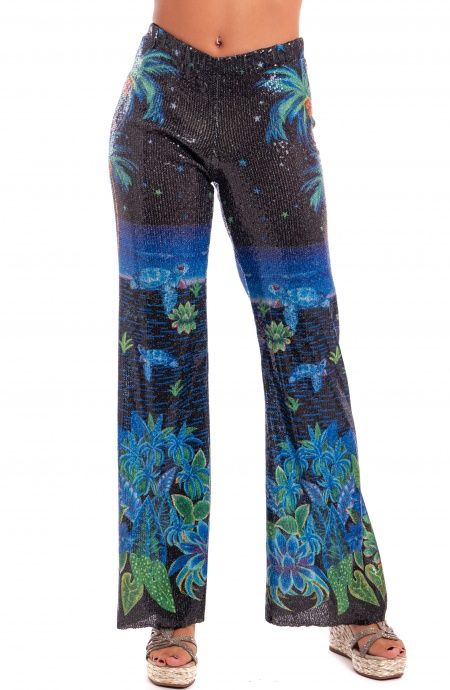 Pin Up Stars Pantalone Zampa Paillettes Stampa Hawaii Promozione Limitata