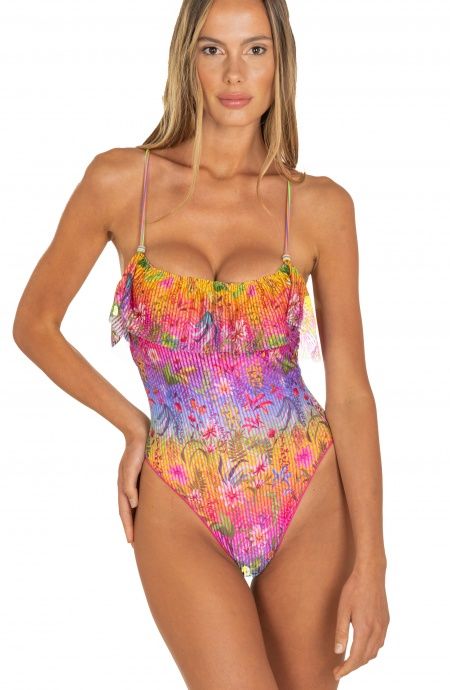 Pin Up Stars Costume Intero Con Balza Flower Rainbow Strass Vendita