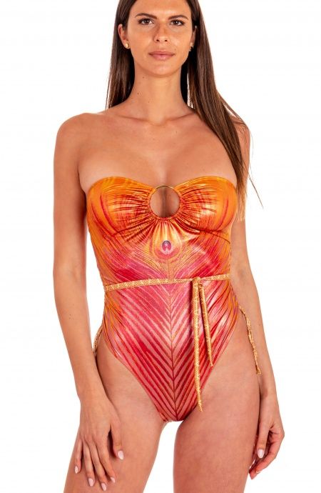 Pin Up Stars Costume Intero Con Anella Stampa Piuma Base Oro Saldi