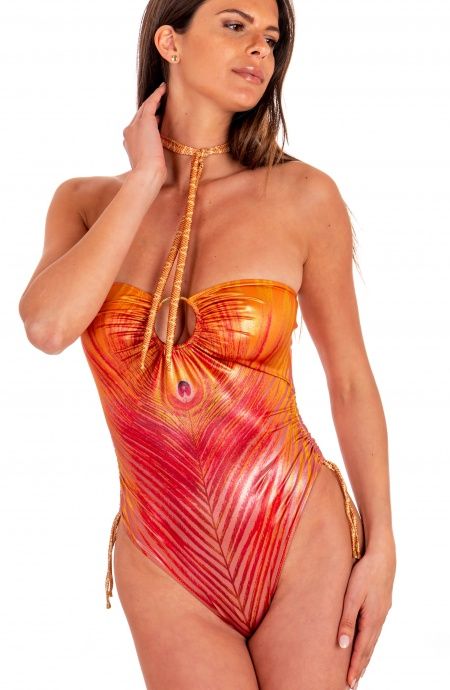 Pin Up Stars Costume Intero Con Anella Stampa Piuma Base Oro Saldi