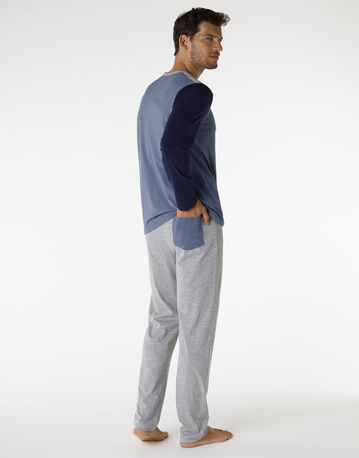 Lovable Piagiama lungo in cotone, blu polvere, blu navy e grigio melange Novità