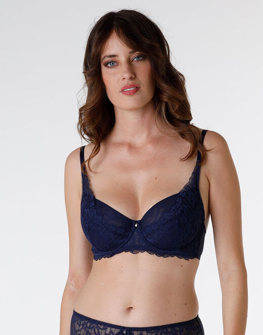 Lovable Reggiseno con ferretto Striped Lace in pizzo e microfibra, blu scuro Saldi Di Fabbrica