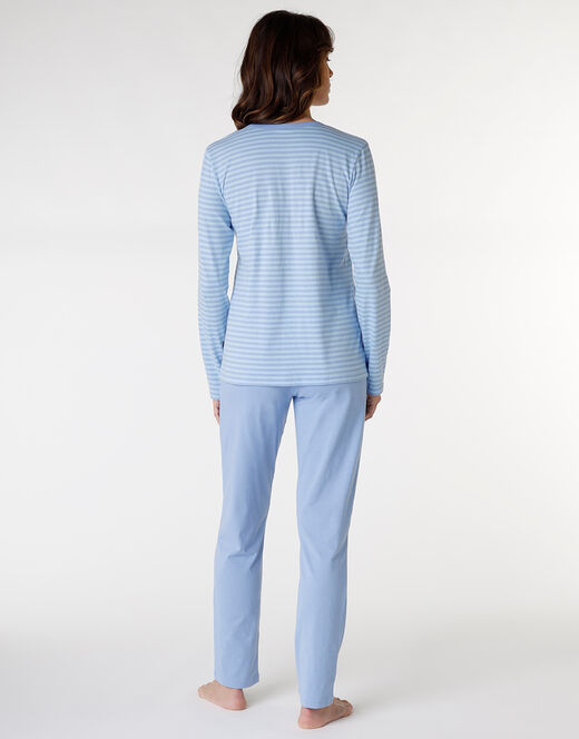 Lovable Pigiama lungo chiuso in jersey di cotone, azzurro a righe con stampa Saldi Di Fabbrica