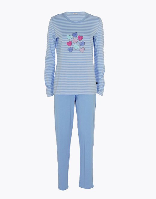 Lovable Pigiama lungo chiuso in jersey di cotone, azzurro a righe con stampa Saldi Di Fabbrica