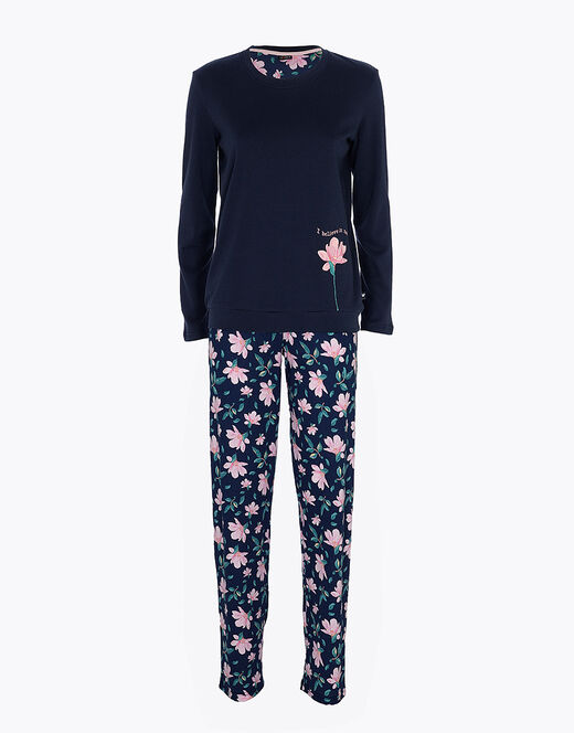 Lovable Pigiama lungo in interlock di cotone, blu con stampa floreale Comprane uno, ottenene uno gratis