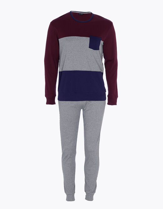 Lovable Pigiama lungo in interlock di cotone, bordeaux grigio e blu Pezzi Unici