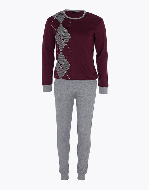 Lovable Pigiama lungo in interlock di cotone, bordeaux e grigio melange Fino Al -60%
