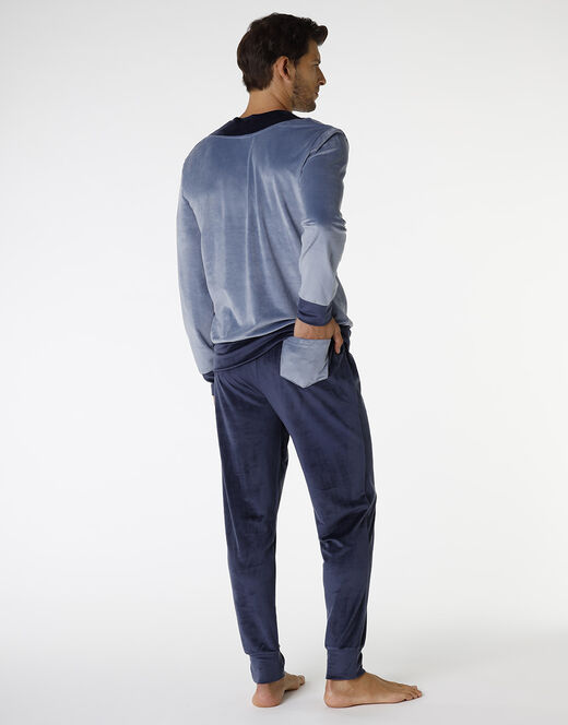 Lovable Pigiama lungo in ciniglia, blu polvere e blu navy Saldi