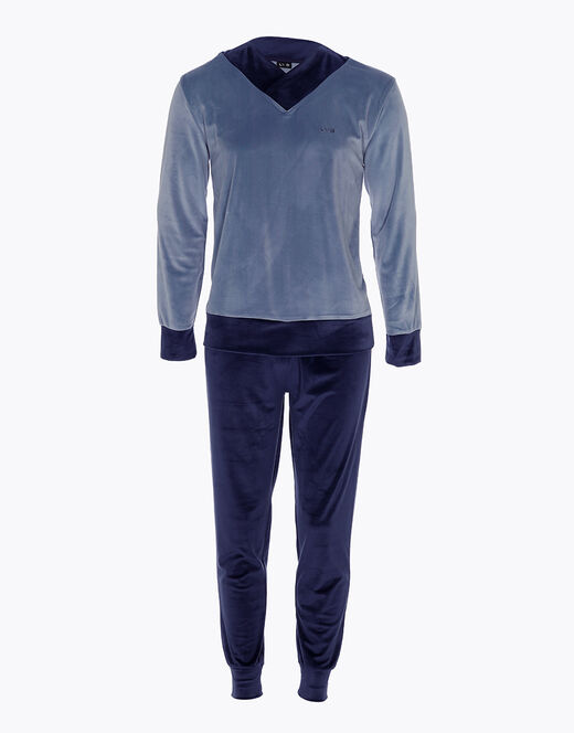 Lovable Pigiama lungo in ciniglia, blu polvere e blu navy Saldi