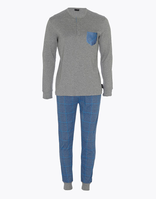 Lovable Pigiama lungo in interlock di cotone, grigio melage scuro e blu polvere con stampa Fino Al -60%