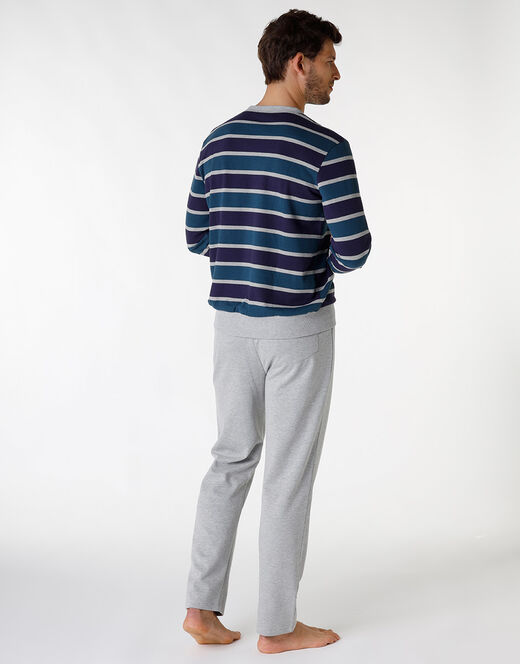 Lovable Pigiama lungo a righe in cotone, grigio melange e blu Online