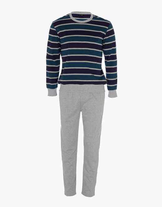 Lovable Pigiama lungo a righe in cotone, grigio melange e blu Online