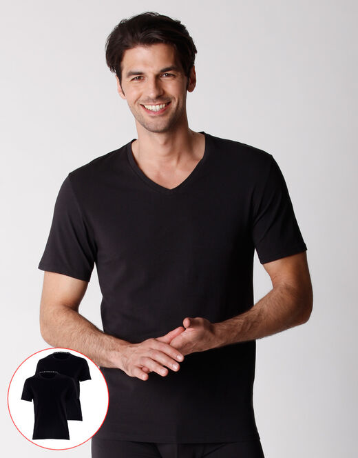 Lovable T-shirt scollo a V uomo in cotone biologico, confezione x2 nero