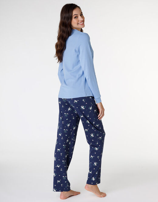 Lovable Pigiama lungo aperto in interlock di cotone, azzurro con stampa Vendite Flash