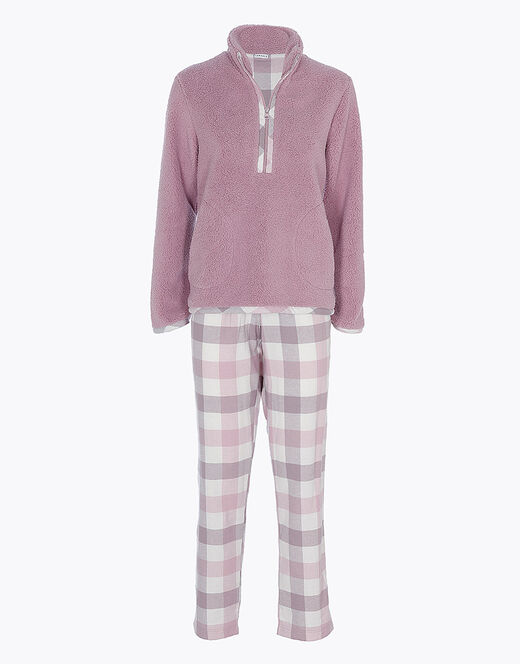 Lovable Pigiama lungo con pelliccetta agnellata e flanella, rosa e grigio Nuova