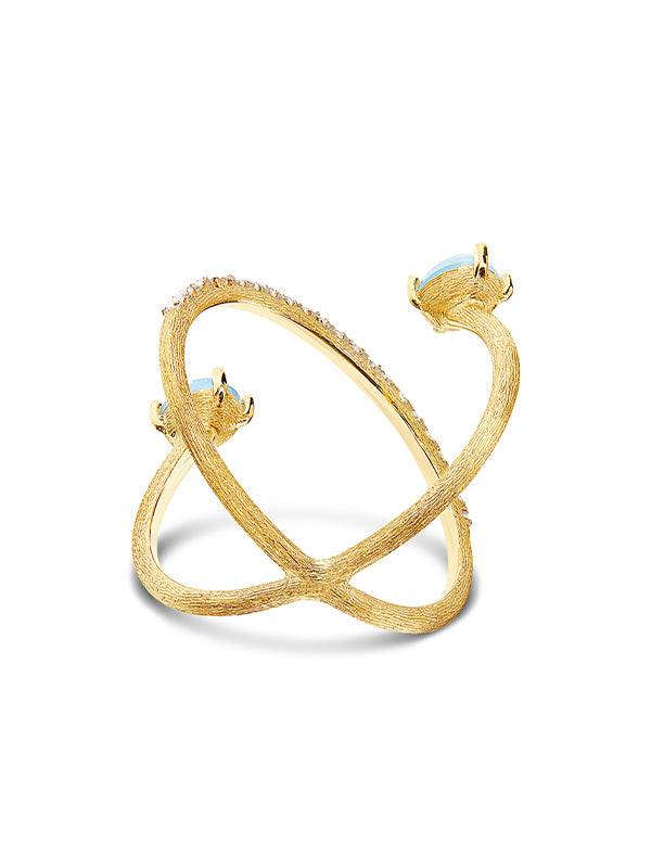 Nanis Anello ad incrocio "DANCING AZURE" in oro, diamanti e acquamarina – Nanis Italian Jewels Italia